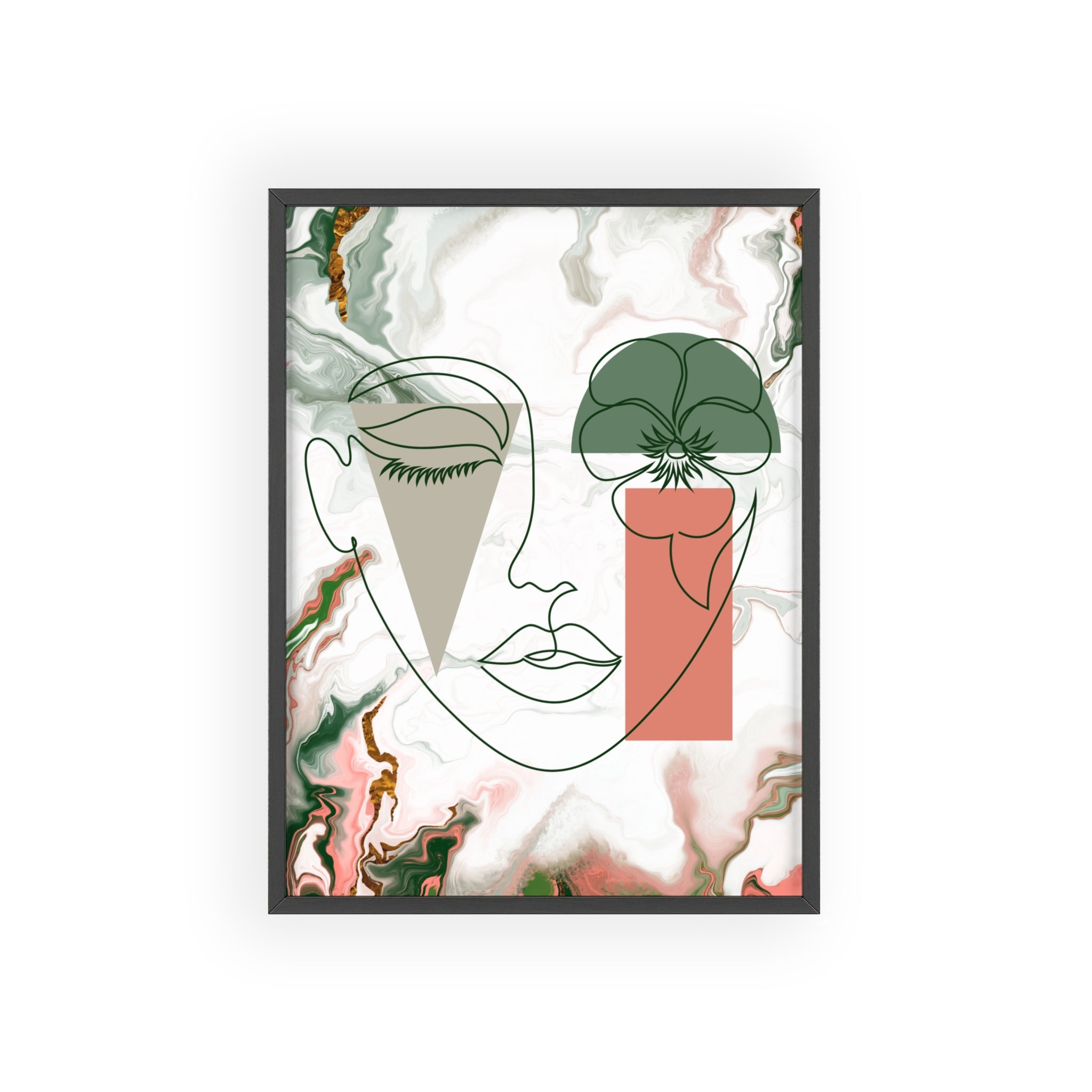 Marble Muse: Geometric Abstract Woman's Face on Marble Poster with Wooden Frame