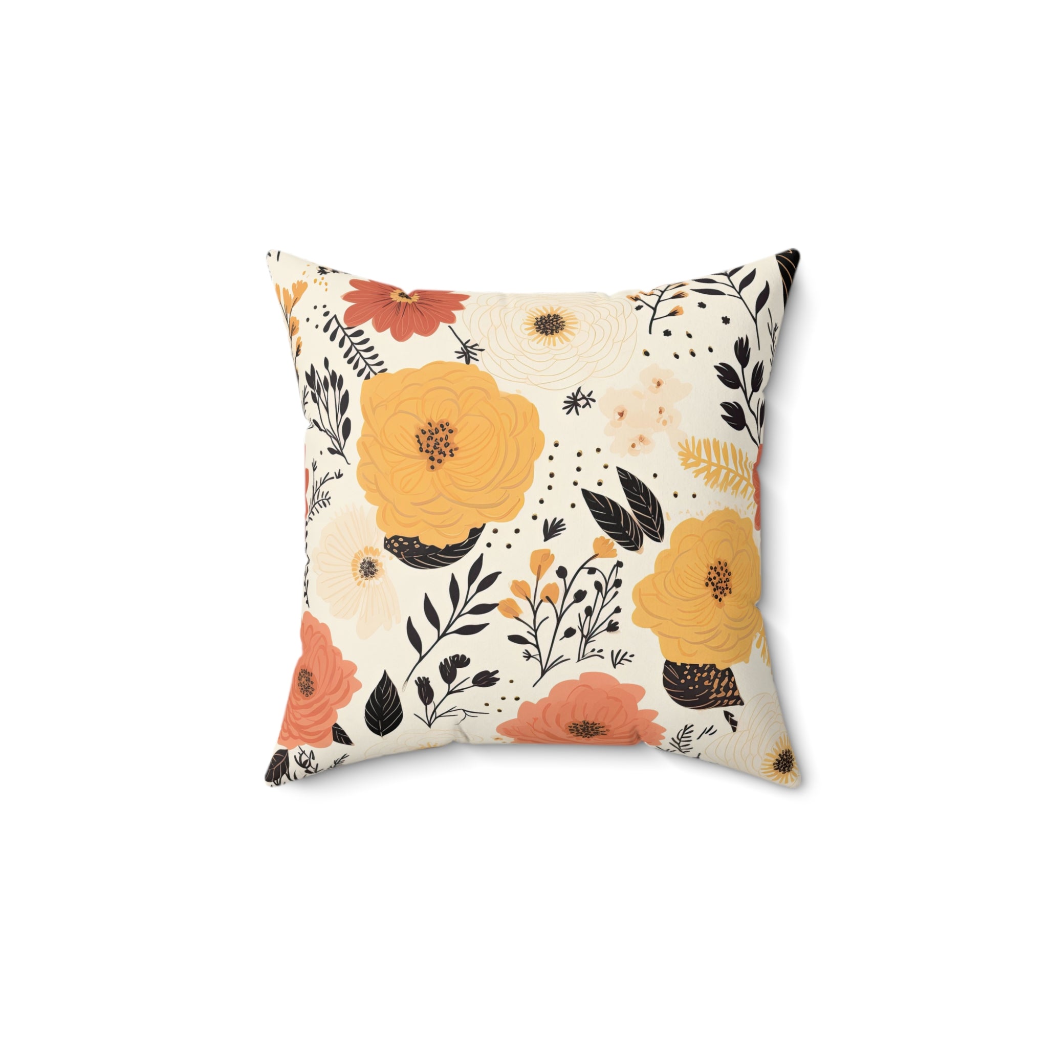 Square Pillow - Golden Blossom Decorative Pillow - Vibrant Floral Accent Cushion