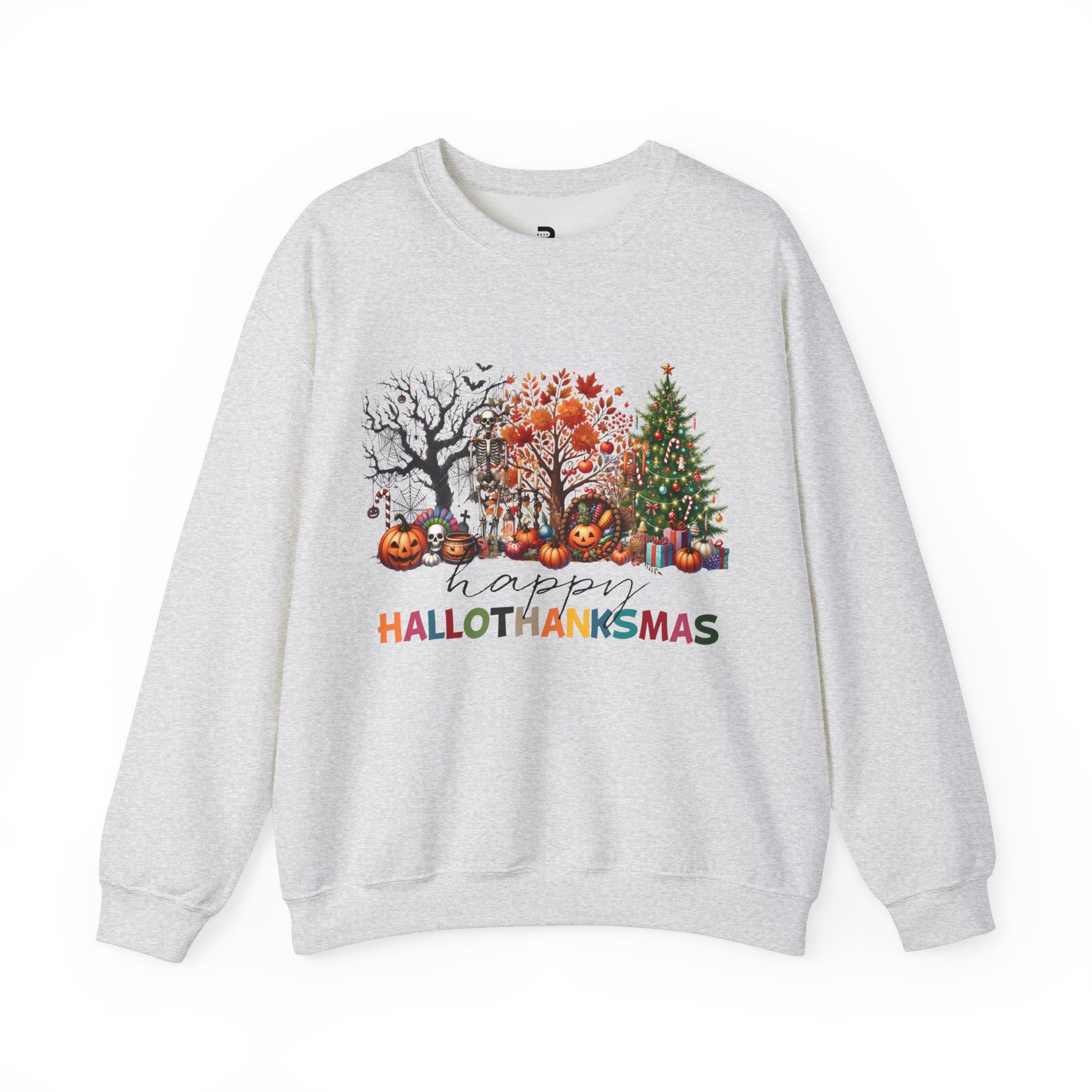 Happy Hallothanksmas Unisex Cozy Crewneck Sweatshirt – Perfect for Celebrating All Seasons!