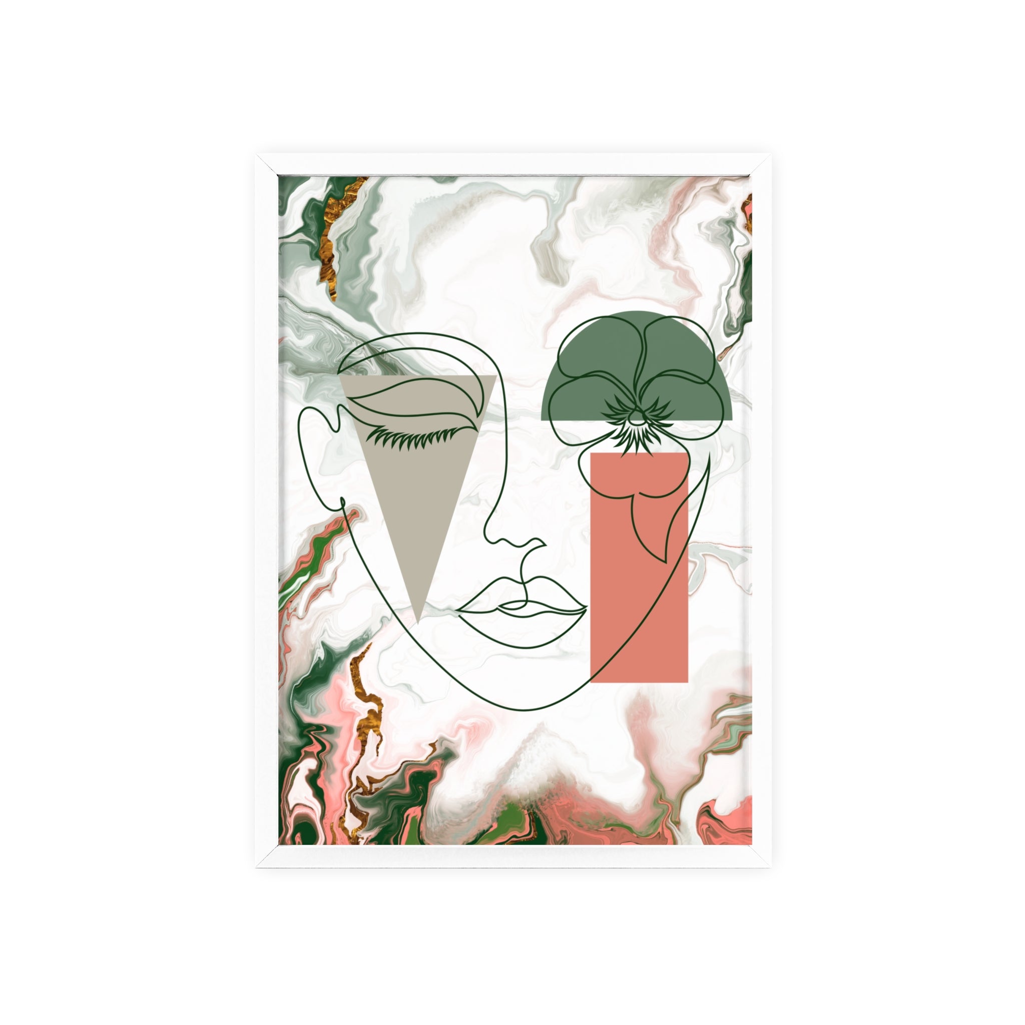 Marble Muse: Geometric Abstract Woman's Face on Marble Poster with Wooden Frame